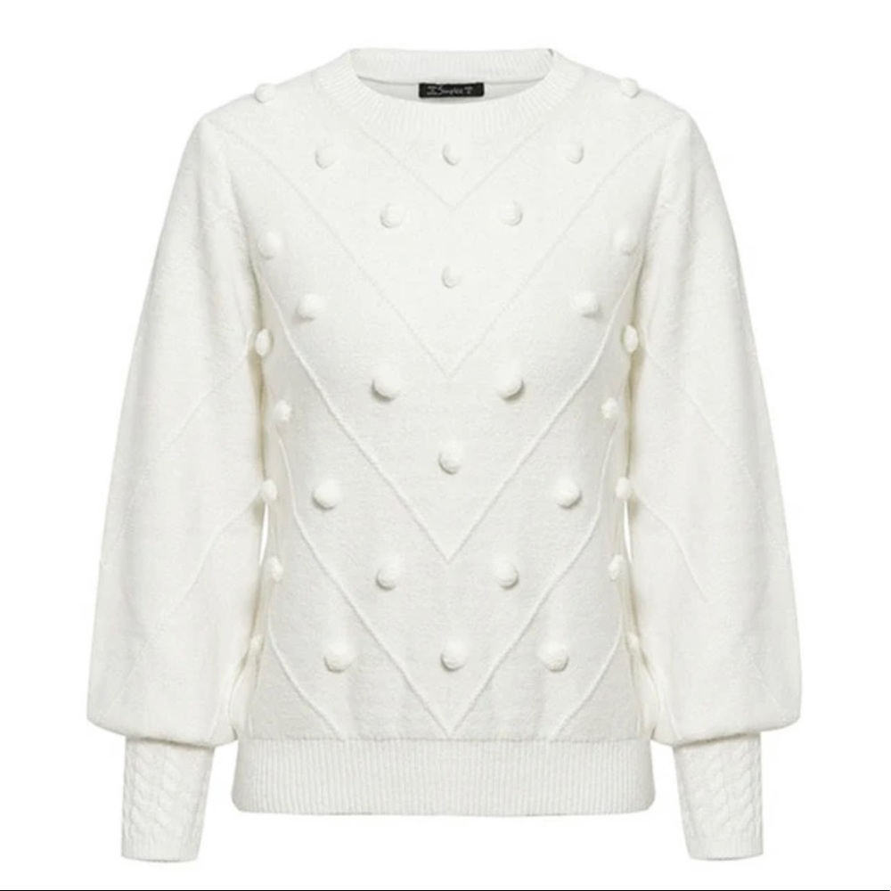 White Simplee Lantern Sleeve Sweater